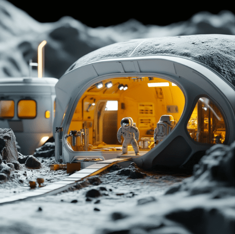 futuristic scene of astronaut on another planet mining